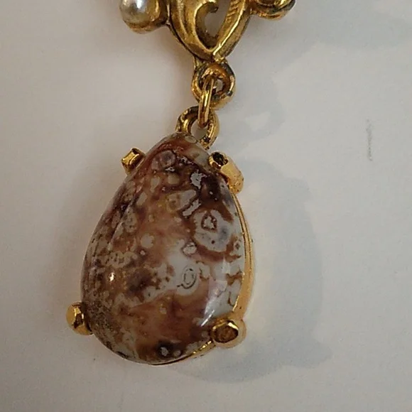 Vintage Gold and Brown Marble Brooch with Pearls - Picture 4 of 5